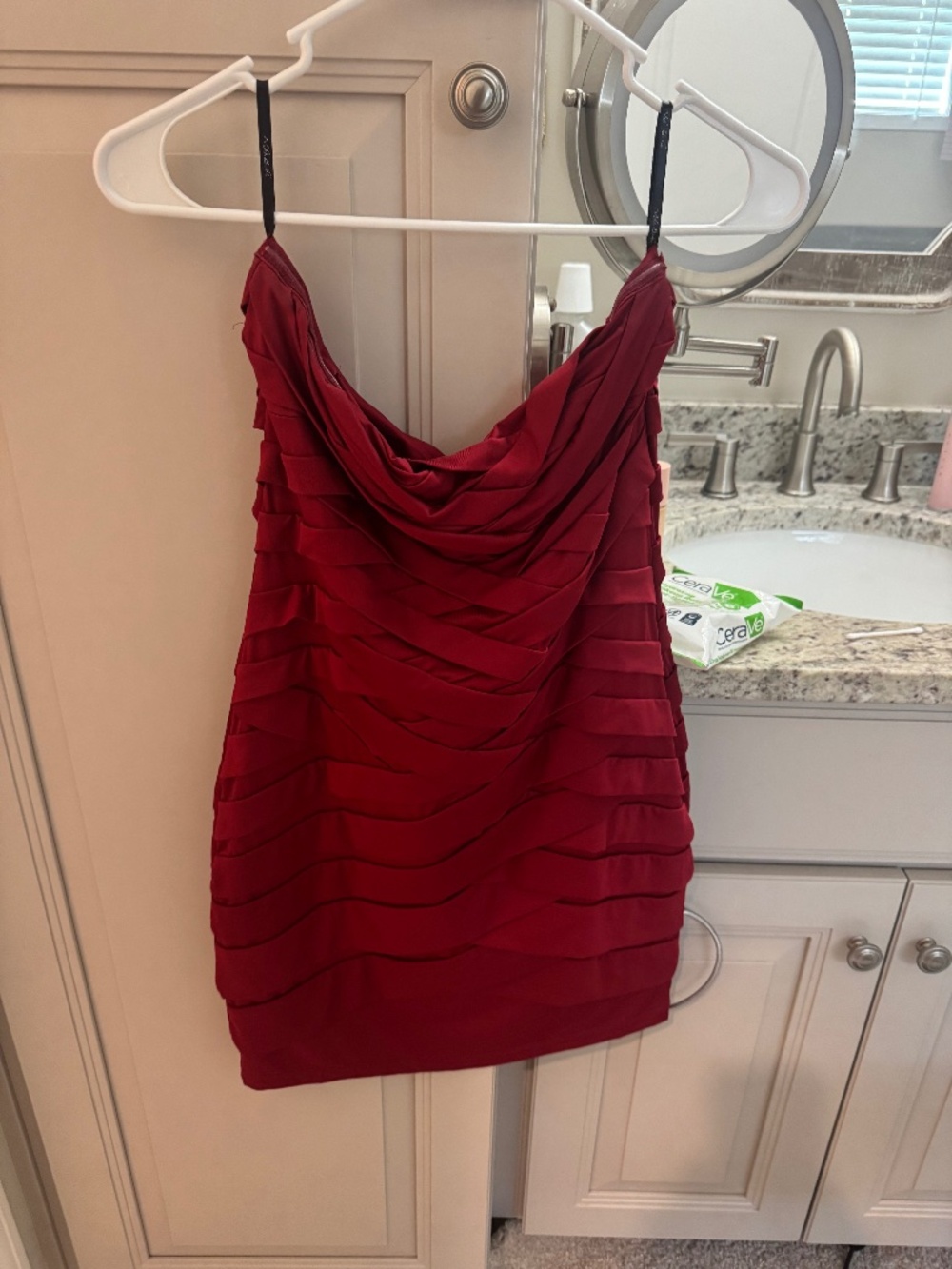 Red strapless dress